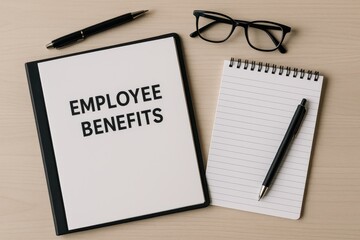 Employee benefits documentation on desk featuring a notebook and glasses. Concept of HR management, workplace policies, and employee welfare. Emphasis on organization and planning.