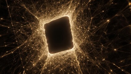 Abstract digital art of a glowing square with connected lines and dots.