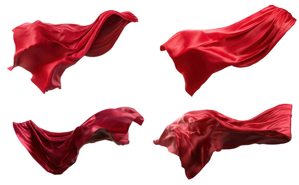 Flowing red silk superhero cape waving in the wind, shiny fabric texture. Isolated on transparent background, png