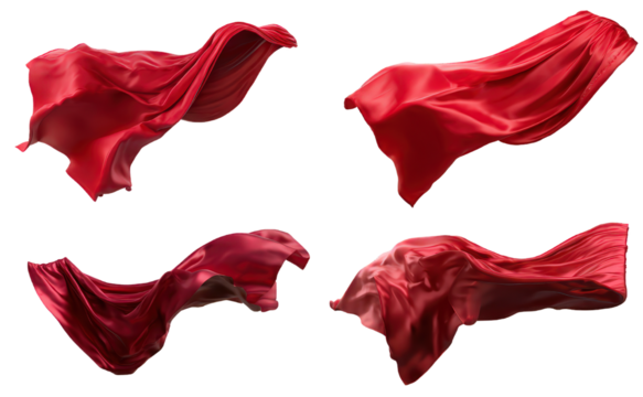 Flowing red silk superhero cape waving in the wind, shiny fabric texture. Isolated on transparent background, png