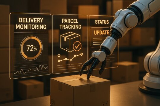 Robotic arm engaged in parcel management, displaying delivery metrics and tracking information. Concept of automation, logistics efficiency, and smart technology in supply chain management.