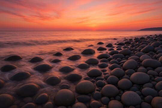 Coastal pebble beach at sunset with vibrant orange sky and calm sea waves