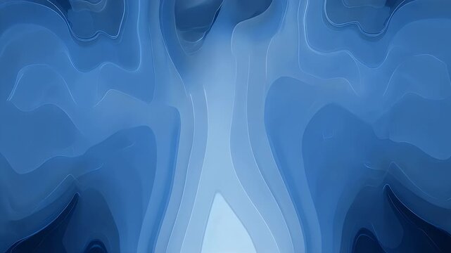 Symmetrical blue layered shapes with fluid, organic lines and a central dark blue void create a serene abstract pattern