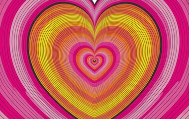 Cute vector retro abstract y2k Valentine background. Hypnotic heart shape tunnel. Groovy style caramel psychedelic concentric hearts backdrop. Colorful vintage love wallpaper.