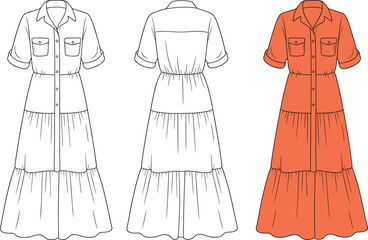 Long tiered shirt dress flat sketch, cad drawing, vector illustration, collared short sleeve garment design, fashion template, front and back view