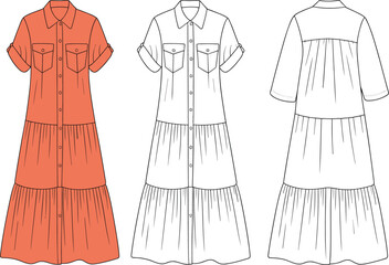 Tiered shirt dress flat sketch, cad drawing, vector illustration, collared short sleeve garment design, fashion template, front and back view