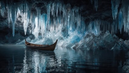 Boat in Ice Cave - A Serene Exploration of Frozen Wonders.