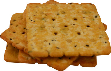 Stacked golden baked cookies with perforated surface and brown jagged edges, isolated on transparent background Png