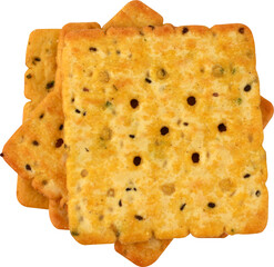 Stacked golden baked cookies with perforated surface and brown jagged edges, isolated on transparent background Png