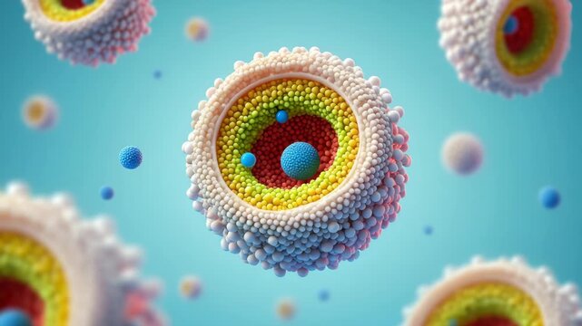 Layered liposome spheres on turquoise background, nanocarrier encapsulation, biomimetic membranes, drug delivery research, polymeric micelles, cellular micrograph style, laboratory science
