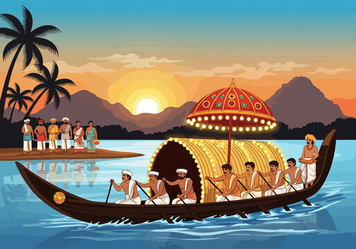 Beautiful Kerala Snake Boat Race at Sunset With Traditional Dancers on Shore and Tropical Palm Trees