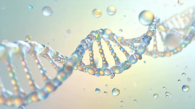 Iridescent dna helix with droplets on pastel background, molecular research, dermatology, collagen synthesis, bioengineering innovation, hydration serum diffusion, cellular repair, genome