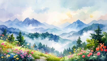 Watercolor Landscape Majestic Mountains, Lush Fields, and a Serene Path Beckoning Exploration