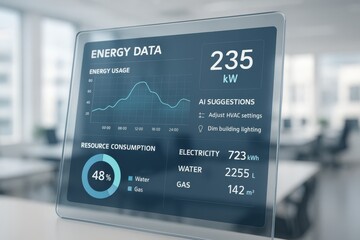 Interactive energy dashboard displaying real-time data on electricity and resource consumption. Concept of smart buildings, energy efficiency, and sustainability in modern technology.