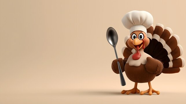 Cartoon turkey wearing chef hat and holding spoon on clean background – Happy Thanksgiving