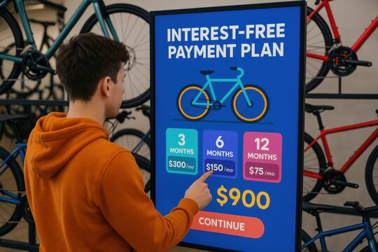 Customer reviewing interest-free payment plan for a bicycle displayed on a digital screen in a bike shop. Concept of consumer finance, accessibility, and retail innovation.