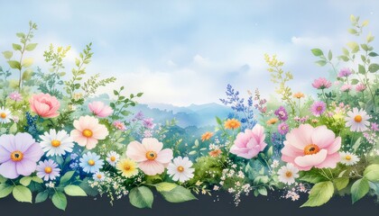 Dreamy watercolor painting of a colorful spring flower field against a soft blue sky and distant hazy mountains