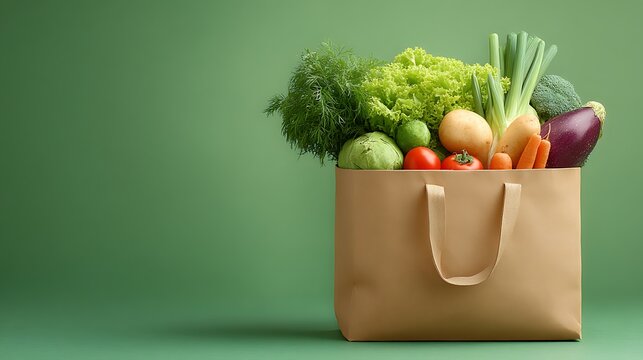 Fresh Vegetables in a Brown Paper Bag on a Green Backdrop Healthy Food Concept