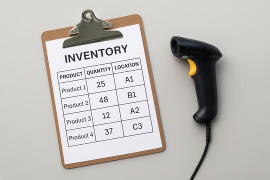 Inventory management clipboard featuring product details and barcode scanner, highlighting organization, efficiency, and logistics in supply chain operations.