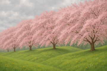 Fototapeta premium Row of pink flowering trees on a rolling green hill with yellow wildflowers and a cloudy sky