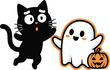 Obraz premium Cute Cartoon Ghost and Black Cat with Surprised Expression and Halloween PumpkinCute Cartoon Ghost and Black Cat with Surprised Expression and Halloween Pumpkin
