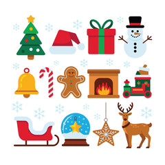 Festive holiday season elements collection with tree gift snowman and gingerbread for decoration