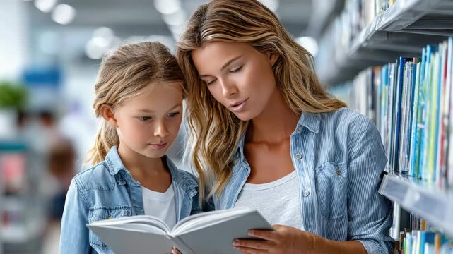 Smiling mother and daughter enjoying a moment together while reading a book and selecting school supplies in a vibrant bookstore, surrounded by shelves filled with literature
