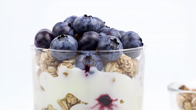 Blueberries And Granola Parfait Layered In Glass Cup On White Background