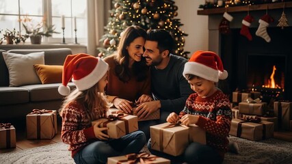 Happy family with man, woman, boy, girl opening Christmas gift at home. Holiday celebration. Joyful Caucasian family in Santa hat for Christmas Eve.