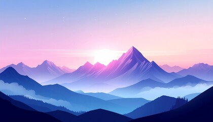 Elegant vector illustration of layered mountain silhouettes at sunrise. Serene natural landscape with a vibrant gradient sky in pink, purple, and blue hues