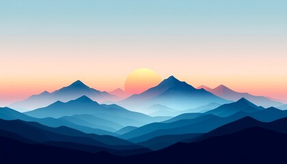 Serene Mountain Sunset A Tranquil Landscape with Layered Blue Hues and a Glowing Horizon