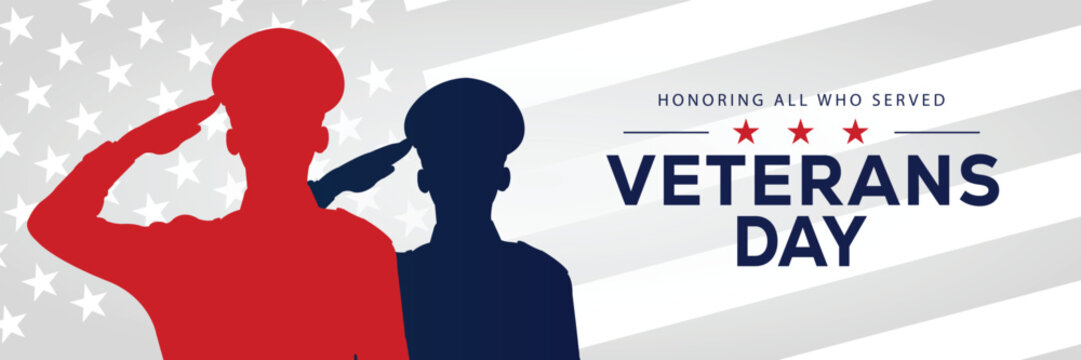 Veterans Day banner with a soldier silhouette saluting, flanked by American flags, set against a background of stars and stripes. Honors veterans and service members who served the USA. - Powered by Adobe