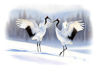 Naklejka premium Watercolor painting of two red crowned cranes displaying in a snowy landscape