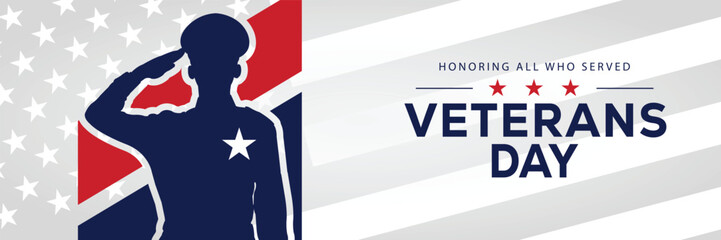 Veterans Day banner with a soldier silhouette saluting, flanked by American flags, set against a background of stars and stripes. Honors veterans and service members who served the USA.