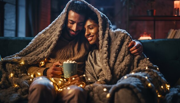 Cozy young diverse couple snuggling under blanket on sofa holding mug with marshmallows, romantic winter evening