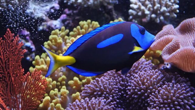 A vibrant blue tang fish swimming gracefully among colorful corals in a marine aquarium.