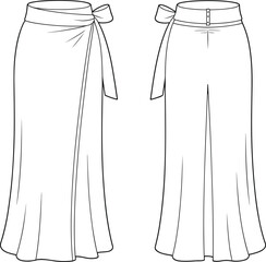 Long wrap skirt fashion design, technical flat sketch, front and back view, vector template, CAD drawing flat vector illustration