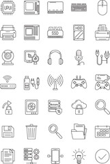 Collection of Computer Hardware and Technology Icons CPU Motherboard RAM SSD HDD Webcam Printer Mouse Keyboard Headphones Microphone