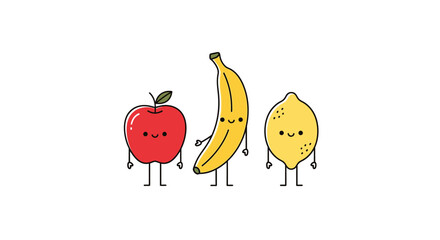 Cartoonish trio: Animated apple, banana, and lemon standing side-by-side with smiley faces
