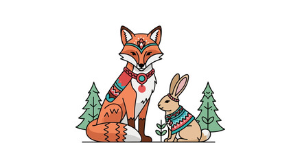Stylized woodland illustration featuring a fox and hare adorned with geometric patterns