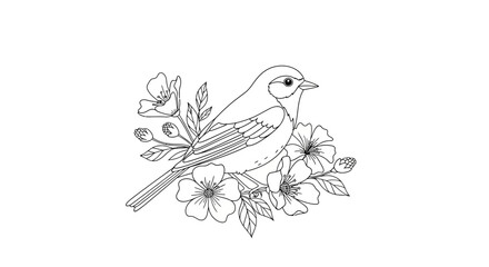 Delicate line drawing of a bird perched among blooming flowers illustration for coloring books and