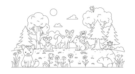 A charming woodland illustration for children featuring cute animals and nature scenes, perfect