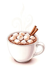 Watercolor painting of hot chocolate with marshmallows and cinnamon sticks