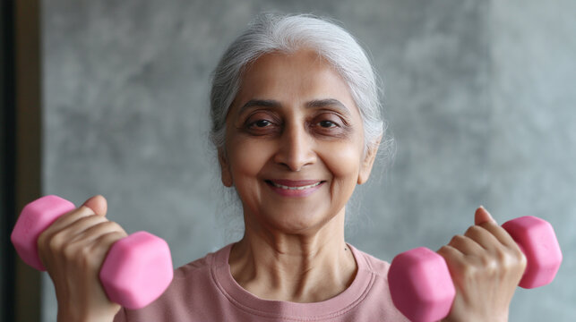 Smiling older woman holding pink dumbbells in her hands for exercise activity