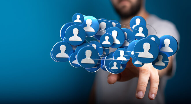 Connecting people in the digital world. Human network illustration.  Social media concept. Abstract design, blue background with person silhouet