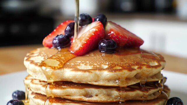 Stacked pancakes drizzled with syrup, topped with fruit, in a kitchen setting. Great for breakfast menus