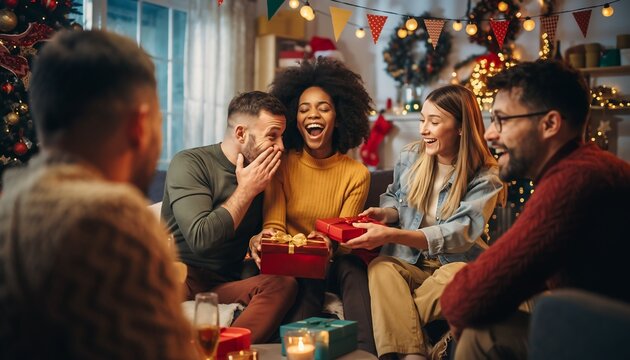 Happy diverse group of friends exchanging red Christmas gifts at cozy holiday home party, festive social gathering