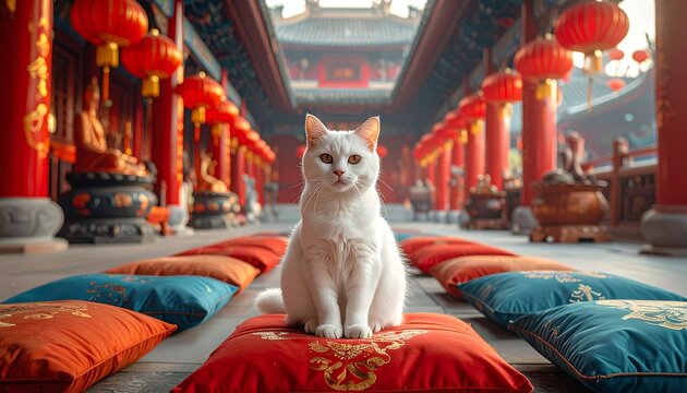 A regal white feline sits on a vibrant cushion, framed by a temple's red columns & lanterns, exuding calm