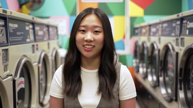 Smiling Asian woman at laundromat with washers, colorful background, usable for advertising
