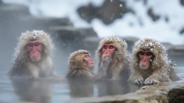 Snow monkeys relax in hot springs, winter chill